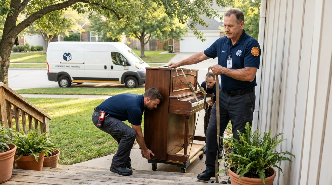 Licensed piano movers securing grand piano in Richfield, WI