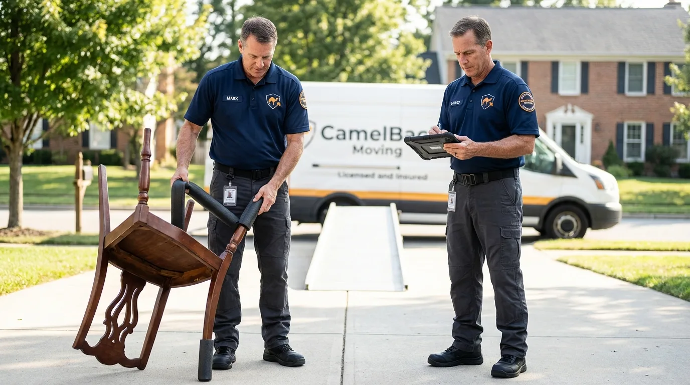 Movers inspecting furniture for damage prevention before loading in Richfield, WI