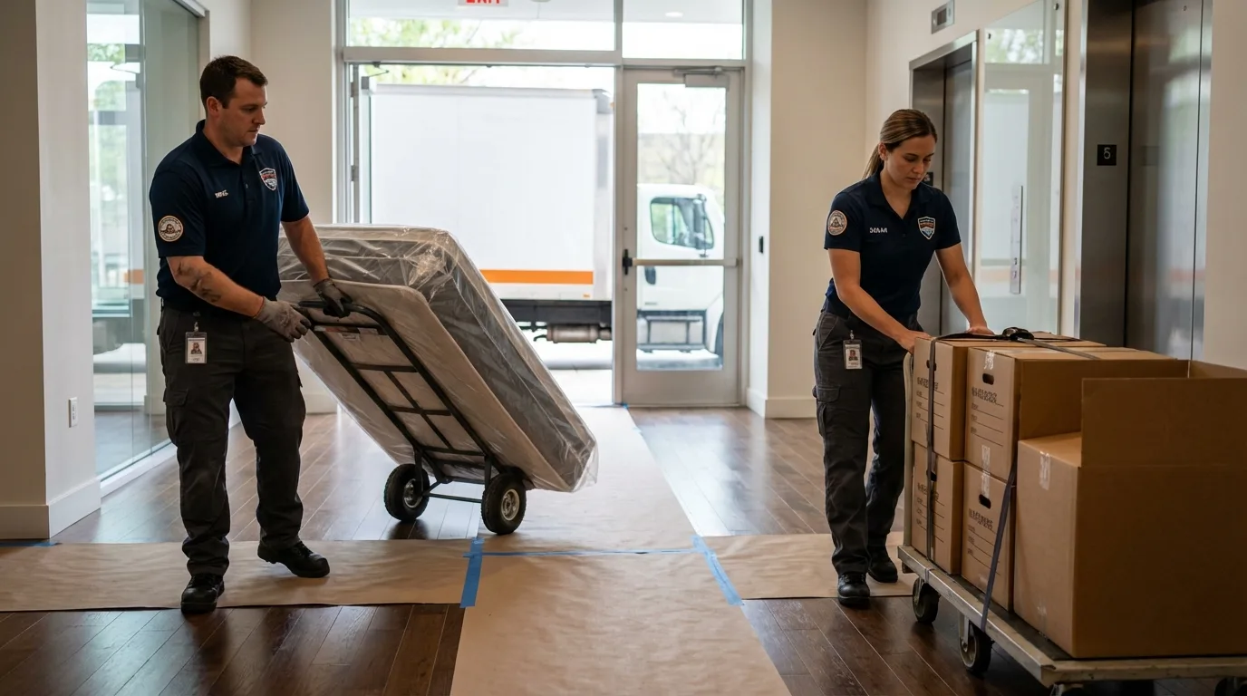Professional apartment movers loading elevator in Richfield, WI